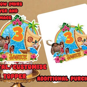 May include: A digital cake topper featuring a Moana theme with a blue and green ocean background, a sailboat, a number 3, and the name Janice. The topper is on a white background with the text "DIGITAL/CUSTOMISE CAKE TOPPER" and "ADDITIONAL PURCHASE".
