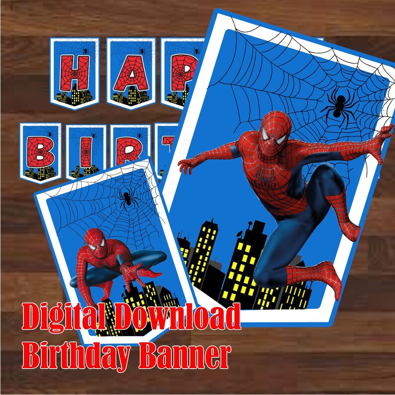May include: A printable Spiderman birthday banner with red letters that spell out "Happy Birthday" against a blue background with a Spiderman web design. The banner includes two images of Spiderman in action.