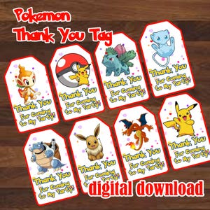 Etichetta di ringraziamento a tema Pokémon, Compleanno Pokémon, Etichetta regalo Pokémon, Festa di compleanno Pokémon, Bomboniera Pokémon, Invito Pokémon, Pokémon Digitale