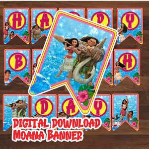 May include: A digital download banner for a Moana themed party. The banner features the characters Moana and Maui, along with the letters "Happy Birthday". The background is a blue and green ocean scene with glitter.