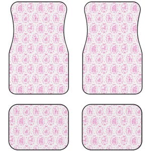 May include: Set of four car floor mats. The mats are white with a repeating pattern of pink illustrations. The illustrations include animals, trees, and other decorative elements. The mats are designed to fit the front and back of a car.