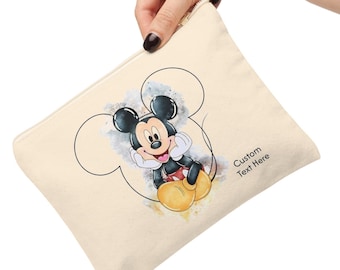 Personalized Mickey Watercolor Zipper Pouch, Cotton Canvas Makeup Bag