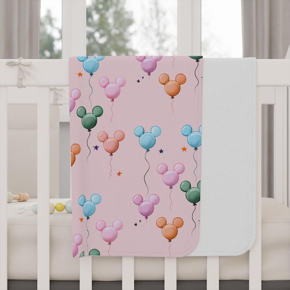 Personalised Toddler Blanket - Mickey Mouse Baby Blanket Disney Park Balloons Themed Pink, New Baby Gift, Girl Nursery Bedding, Infant Sleep