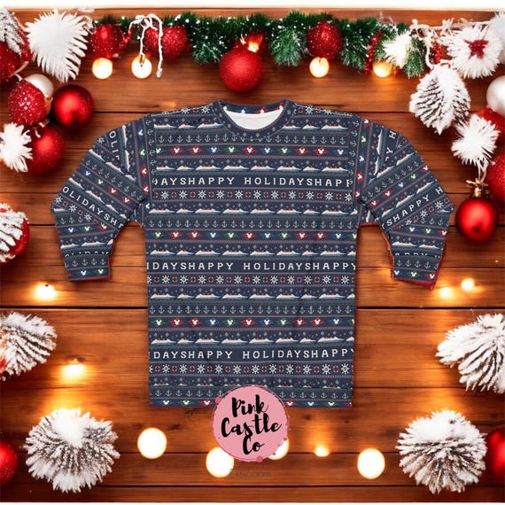 Disney Cruise Line Inspired Unisex Sweatshirt, Ugly Knitted Style Holiday Sweater, Christmas Gift, All-Over Print Winter Apparel, Festive