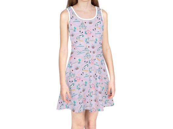 Disneyworld  Castle & Rides Pattern Girls Sundress | Pink  Fairy Tale Print
