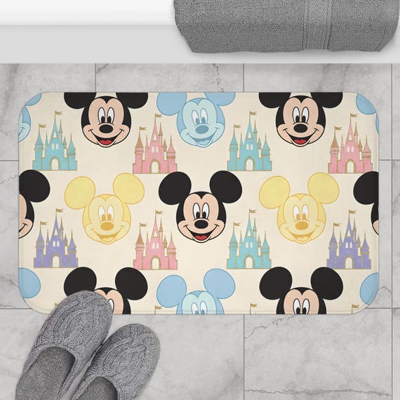 Mickey Mouse Disney Castle inspired Pattern Bath Mat | Pastel Character Faces