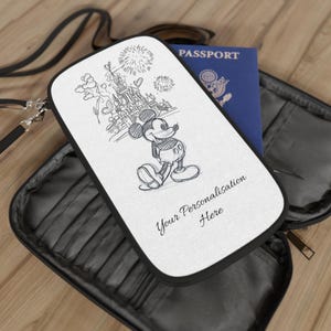 Portafoglio portapassaporto, personalizzato Topolino del Castello Disney, borsa portadocumenti essenziale da viaggio Disney Park, custodia con nome personalizzato