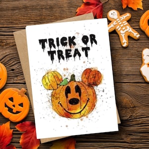 Halloween-Mickey citrouille- Des bonbons ou un sort-carte faite main-personnalisée-d'inspiration magique-Disney-Personnalisé