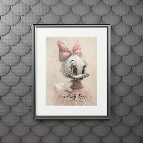 Fine Art Print Nursery Decor, Daisy Duck Baby Shower Gift, Personalized Newborn Keepsake, Passepartout Paper Frame Wall Art, Baby Room