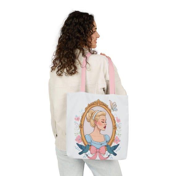 Canvas Tote Bag, Cinerella Princess Inspired Fantasy, Handbag, Shoulder Bag, Book Bag, Grocery Bag, 5-Color Straps