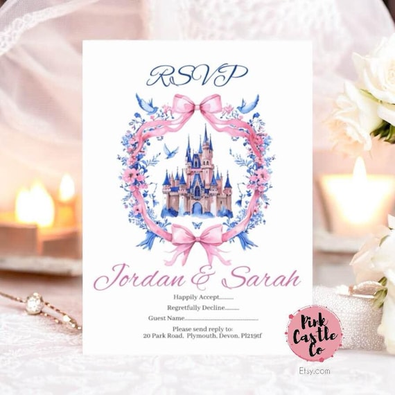 Wedding Invitations RSVP reply cards, Magic Kingdom, Disneyland Inspired, Sleeping Beauty's Castle, Envelopes Included fairy-tale theme