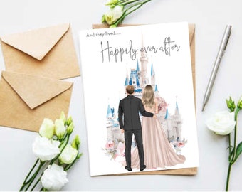 Carte de fiançailles de mariage entièrement personnalisée, heureusement pour toujours, robe de château des mariés et des mariés, royaume magique
