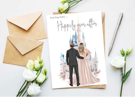 Happily ever after fully personalised wedding engagement card custom bride and groom castle dress magic kingdom