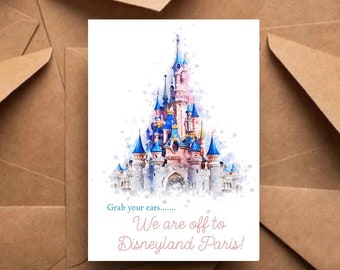 Surprise Holiday announcement magically inspired card Disneyland Paris holiday vacation surprise reveal card personalised magic kingdom