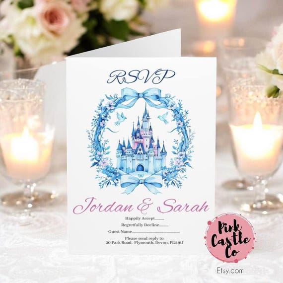 Wedding RSVP Reply Cards Magic Kingdom, Sleeping Beauty Castle Envelopes Included Fairy-Tale Theme Disney Inspired 5 per set