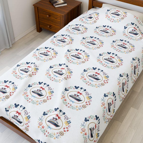 Disney Cruise Nautical Pattern Velveteen Plush Blanket | Sea Life Anchor Rope Design