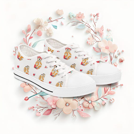 Low Top Sneakers, Star Wars inspired BB8 Floral Shoes, Disney Fan Gift, Cute Women's Sneakers, Unique Women's Shoes