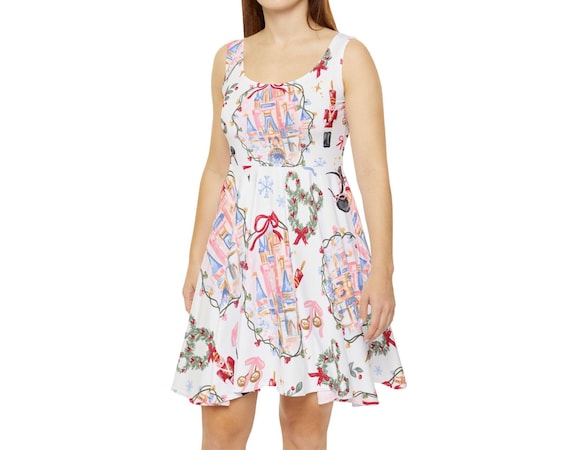 Disney Castle Christmas Pattern Women's Skater Dress | wreaths, nutcracker, bow disneybounding