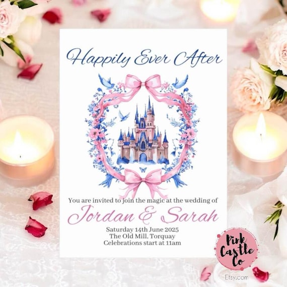 Wedding Invitations, Magic Kingdom, Disneyland Inspired, Sleeping Beauty's Castle, Happily Ever After, Envelopes Included fairy-tale theme