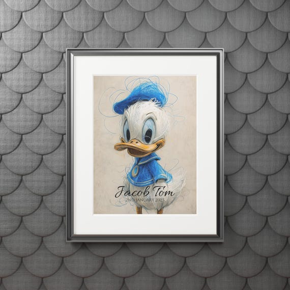 Fine Art Prints, Donald Duck Nursery Wall Decor, Personalised Baby Shower Gift, Newborn Gift, Passepartout Paper Frame, Baby Room Art,