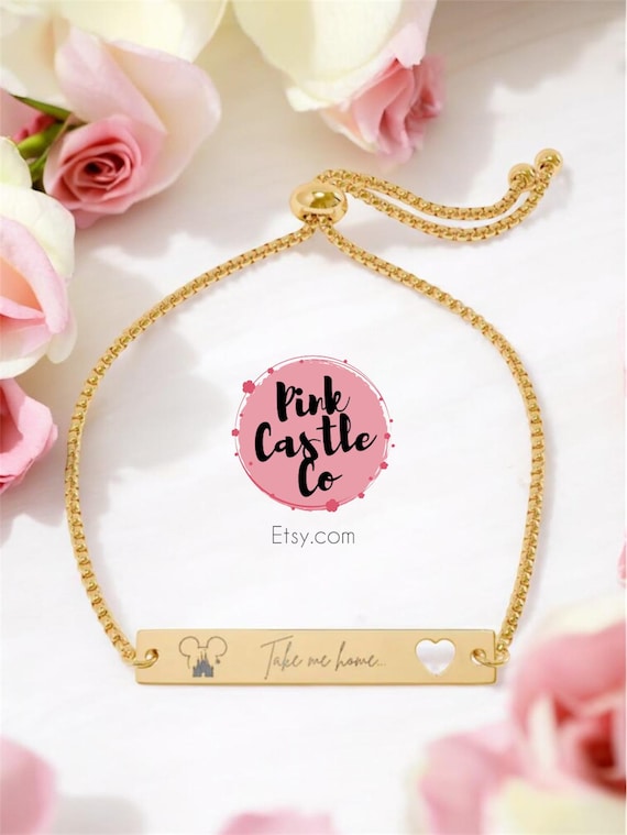 Disney inspired "Take Me Home" Heart Cutout Bar Bracelet, Adjustable Engraved Nameplate