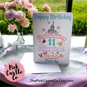 Magisch inspirierte Geburtstagskarte Minnie Micky Park Luftballons Zauberreich personalisiert