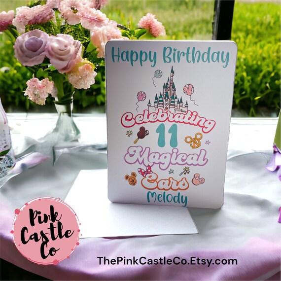 Magically inspired birthday card Minnie Mickey park balloons magic kingdom personalised