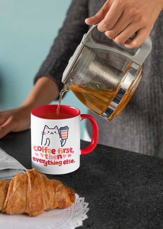 Coffee First Then Everything Else Cat Holding Coffee Mug | Accent Coffee Mug cute cat and coffee lover gift