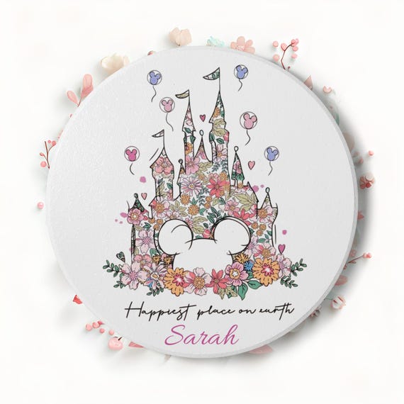 Personalised Disney Castle Floral Ceramic Coaster Happiest Place on Earth Whimsey Drink Mat Home Décor Accessory, Housewarming Gift Present