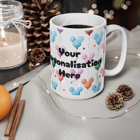 Personalized Disney Balloon Theme Ceramic Coffee Mug, Cute Birthday gift, Disney Fan,Celebration Cups, Party Mug, Custom Message, Fun Design