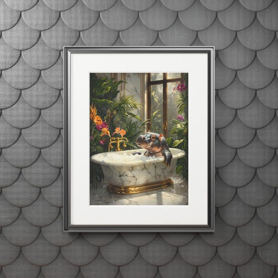 Whimsical Bathtub Hippo Fine Art Print, Home Decor, Gift for Animal Lovers, Bathroom Wall Art, Unique Artwork