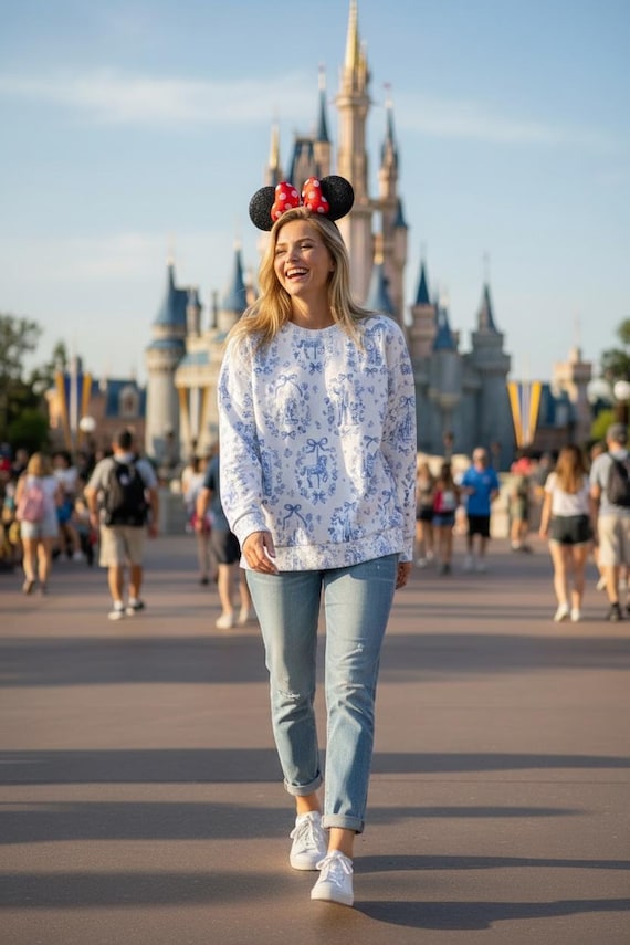 Disneyworld park inspired Blue Toile Pattern Sweatshirt | Vintage French Toile All-Over Print