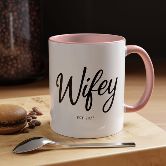 Wifey Script Typography Coffee Mug | Accent Handle, Personalized Year