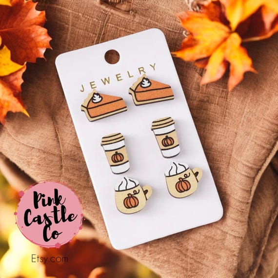 Pumpkin Spice Autumn vibes stud earrings set, 3 styles per set, latte pumpkin pie fall