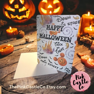 Feliz Halloween - Castelo da Disney - cartão feito à mão - personalizado - com inspiração mágica - personalizado - rua principal dos EUA - festa de Halloween não tão assustadora