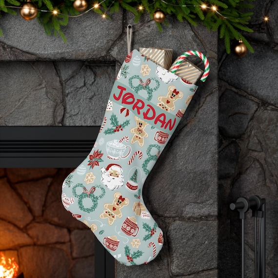 Santa Stocking, Personalized Disney Christmas cookie snacks Park Inspired Holiday Decor Gift, Family Tradition, Festive Home Decoration