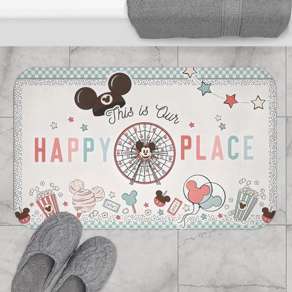 Disney Cute Bath Mat - Happy Place Collection, Minnie Mickey Main Street, Fun Mat for Kids Bathroom, Disney Fans Gift, Mickey Mouse Rug
