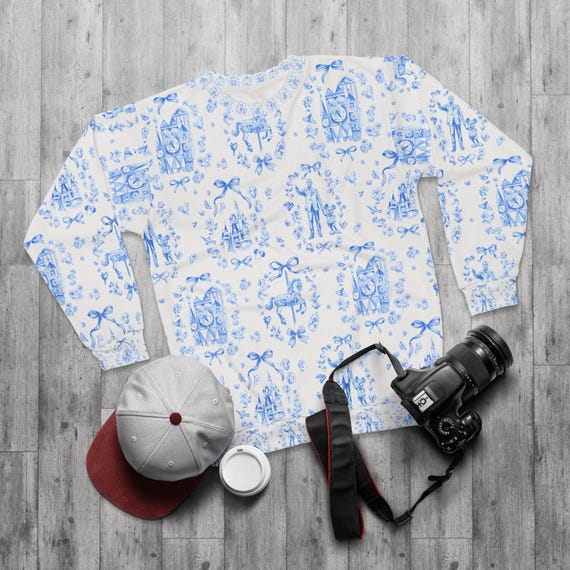 Disneyworld park inspired Blue Toile Pattern Sweatshirt | Vintage French Toile All-Over Print