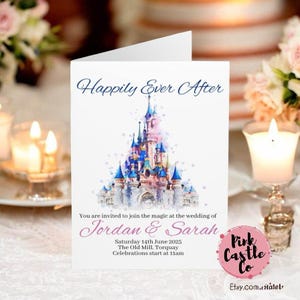 Cartes d'invitation de mariage personnalisées, Magic Kingdom, Disneyland, Le château de la Belle au bois dormant, Pour toujours, Pack de 5 avec enveloppes