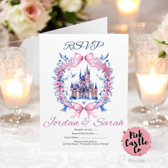 Greeting Cards, Wedding RSVP Reply Cards Magic Kingdom, Sleeping Beauty Castle Envelopes Included Fairy-Tale Theme Disney Inspired 5 per set