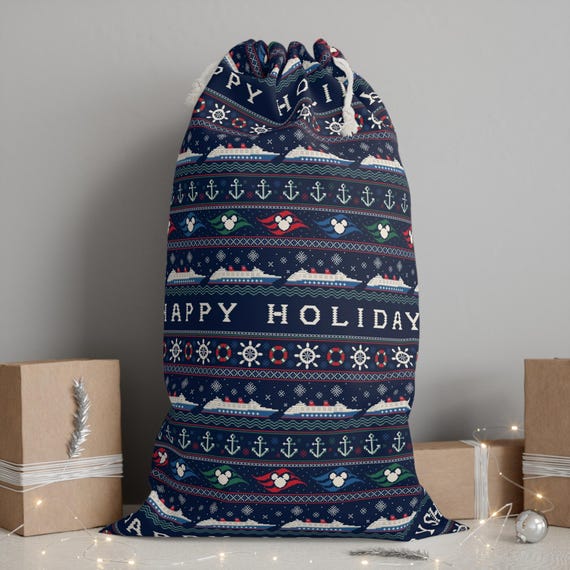 Sack Christmas Present Bag, Holiday Decoration, Disney Cruise Ugly Knitted Sweater Jumper Inspired Gift Pouch