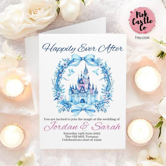 Personalised Wedding Invitation cards, Magic Kingdom, Disneyland, Sleeping Beauty's Castle, Happily Ever After, Pack of 5 with envelopes