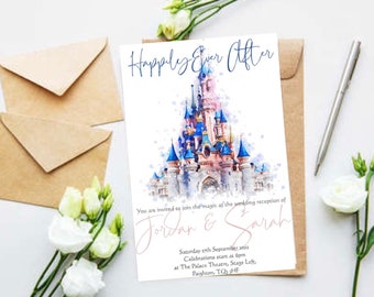 Personalised wedding invitations with rsvp included-magic kingdom-Disneyland Paris-sleeping beauties castle- happily ever after-packs of 10