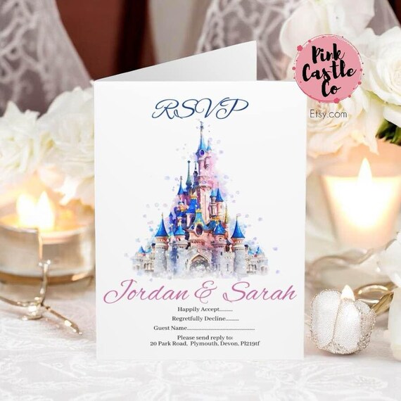 Wedding RSVP Reply Cards Magic Kingdom, Sleeping Beauty Castle Envelopes Included Fairy-Tale Theme Disney Inspired 5 per set