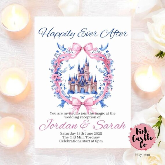 Wedding Reception party Invitations Magic Kingdom Disneyland Inspired Sleeping Beauty Castle Happily Ever After Envelopes Included fairytale