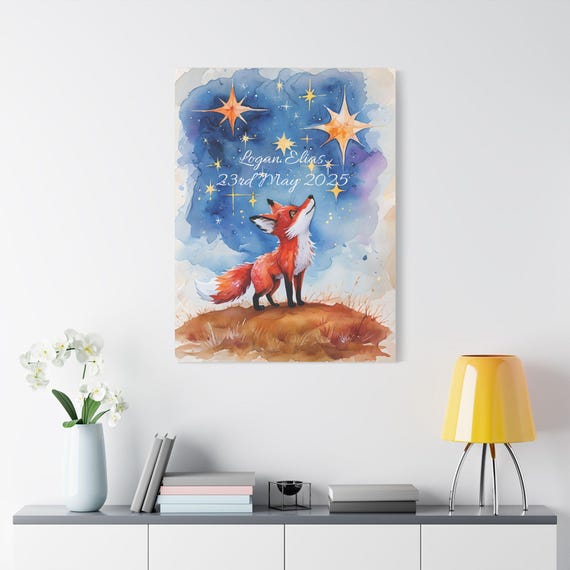 Whimsical Fox Canvas Art, Starry Night Decor, Personalized Wall Art, Nursery Gift, Children's Room Decoration