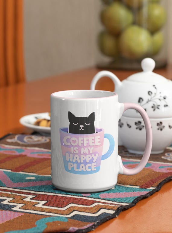 Coffee Is My Happy Place cat mug Accent Coffee Mug | Cat Lover