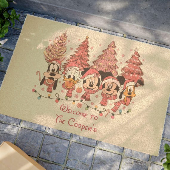 Mickey and Friends Holiday Welcome Doormat | Christmas Trees, Personalized Name