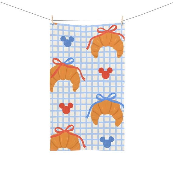 Disneyland Paris French Croissant Bow Pattern Hand Towel | Blue Grid, Red & Blue Mickey Silhouettes