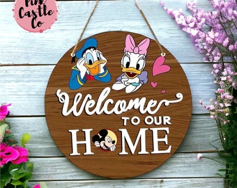 Cartello in legno di Paperino e Topolino (8''x8''/20 cm x 20 cm) Cartello ghirlanda Disney, cartello di benvenuto Disney decorazioni per la casa casa dolce casa